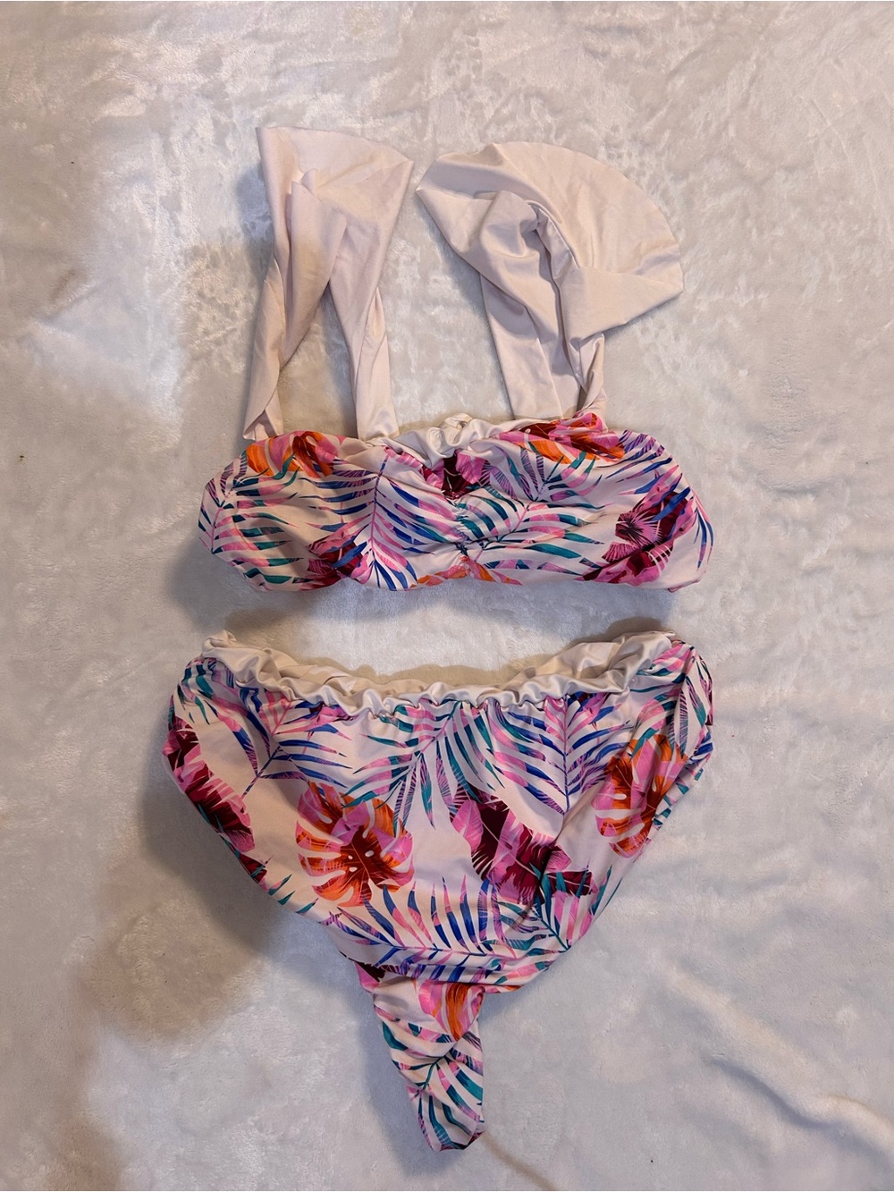 Tropical Pink Leaf Bandeau Bikini Top and High-Cut Bottom EUC